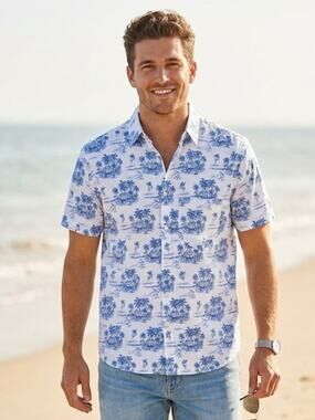 Happy Bay Men's Blue Island Palm Print Tropical Beach Button Down Shirt NWT L